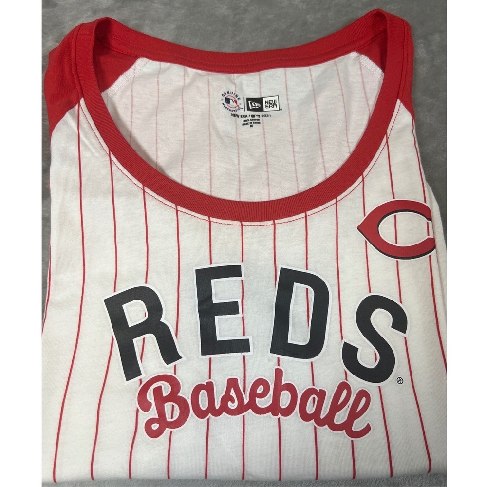 New Era Cincinnati Reds Baseball Tee Womens M White Red Pinstripe MLB